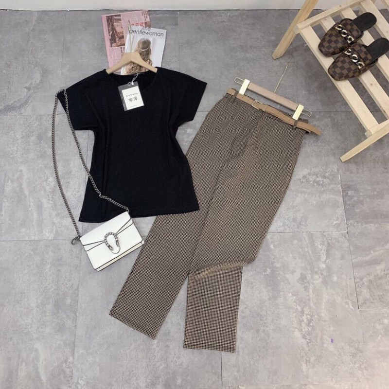Sét đồ nữ 3 món SDT01 jumpsuit, áo pull cổ tim mix quần dài kẻ kèm đai thời trang trong bộ sưu tập quần áo công sở 2021 | BigBuy360 - bigbuy360.vn