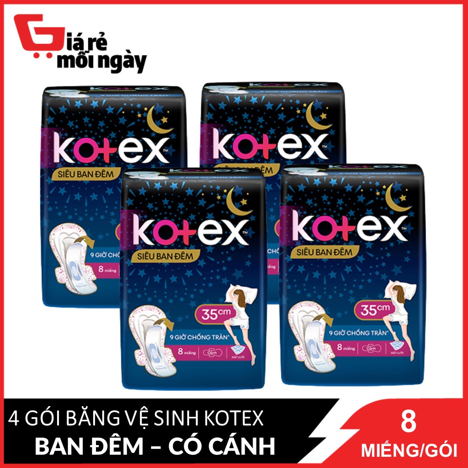 Combo 4 Băng Vệ Sinh Có Cánh 35cm Kotex Siêu Ban Đêm 9 Giờ Chống Tràn 8 miếng