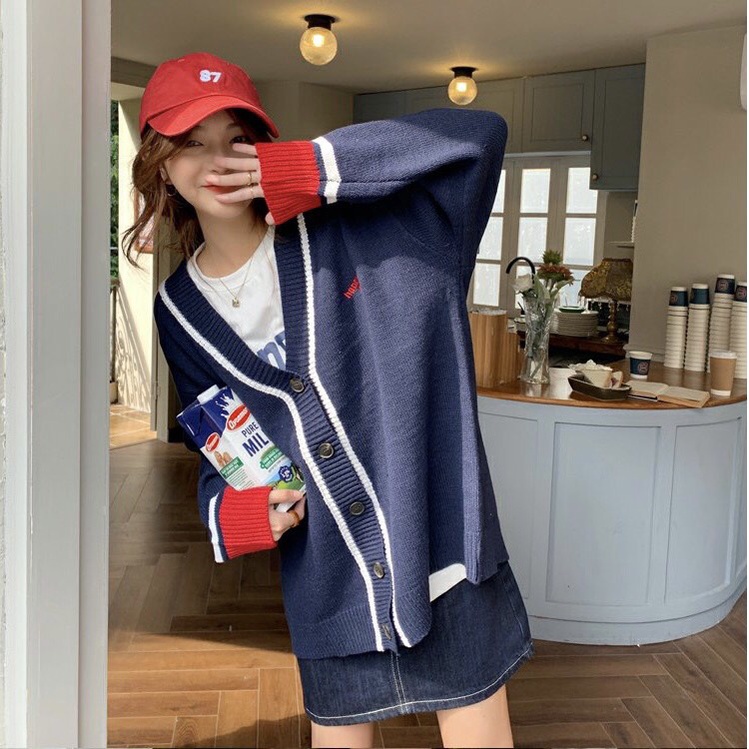 {HCM / CÓ SẴN} ÁO KHOÁC LEN CARDIGAN XANH ĐEN PHỐI VIỀN OVERSIZE PHONG CÁCH HÀN QUỐC