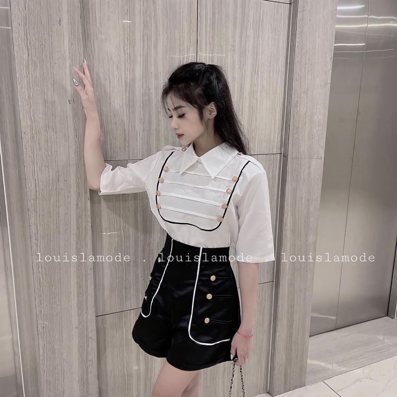 Set Áo Sơ Mi Đính Khuy Tiểu Thư Kèm Quần Cách Điệu
