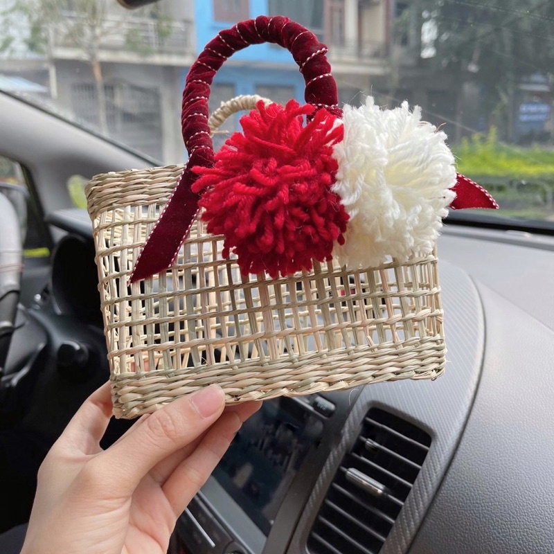 Túi cói quấn ren handmade đính bông siêu xinh cho bé