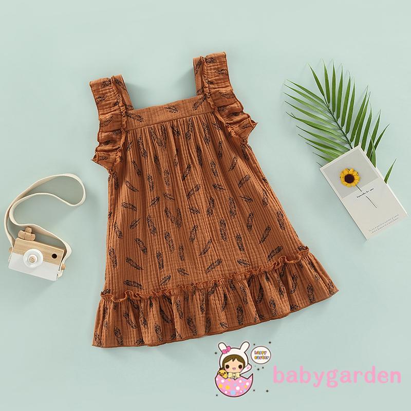 Đầm Công Chúa Chữ A Không Tay Cổ Vuông In Hình Lông Vũ Thời Trang Thường Ngày Dành Cho Bé Gái 6 Tháng - 3 Tuổi