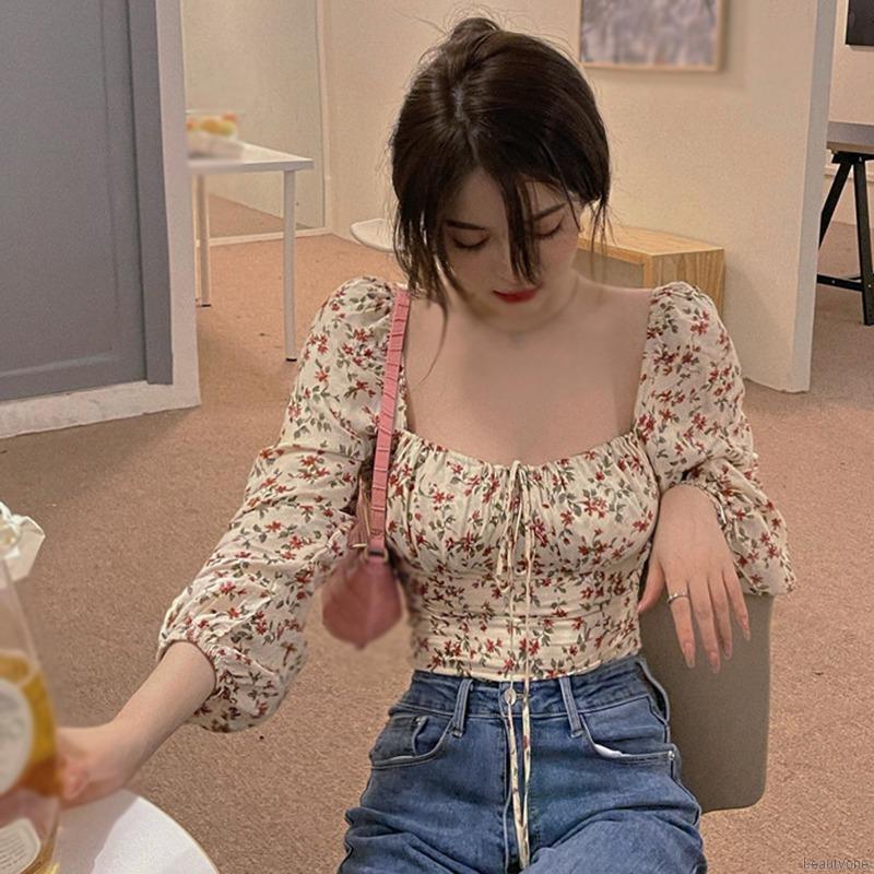 Áo Kiểu Chất Chiffon Tay Dài Cổ Vuông Hoạ Tiết Hoa Phong Cách Retro | BigBuy360 - bigbuy360.vn