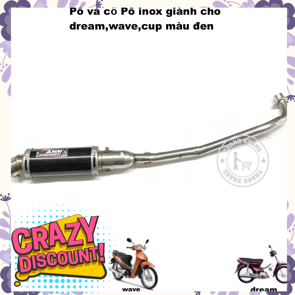 Pô AHM màu đen và cổ pô inox dành cho dream, wave, cup thanh khang 006001320 006001303