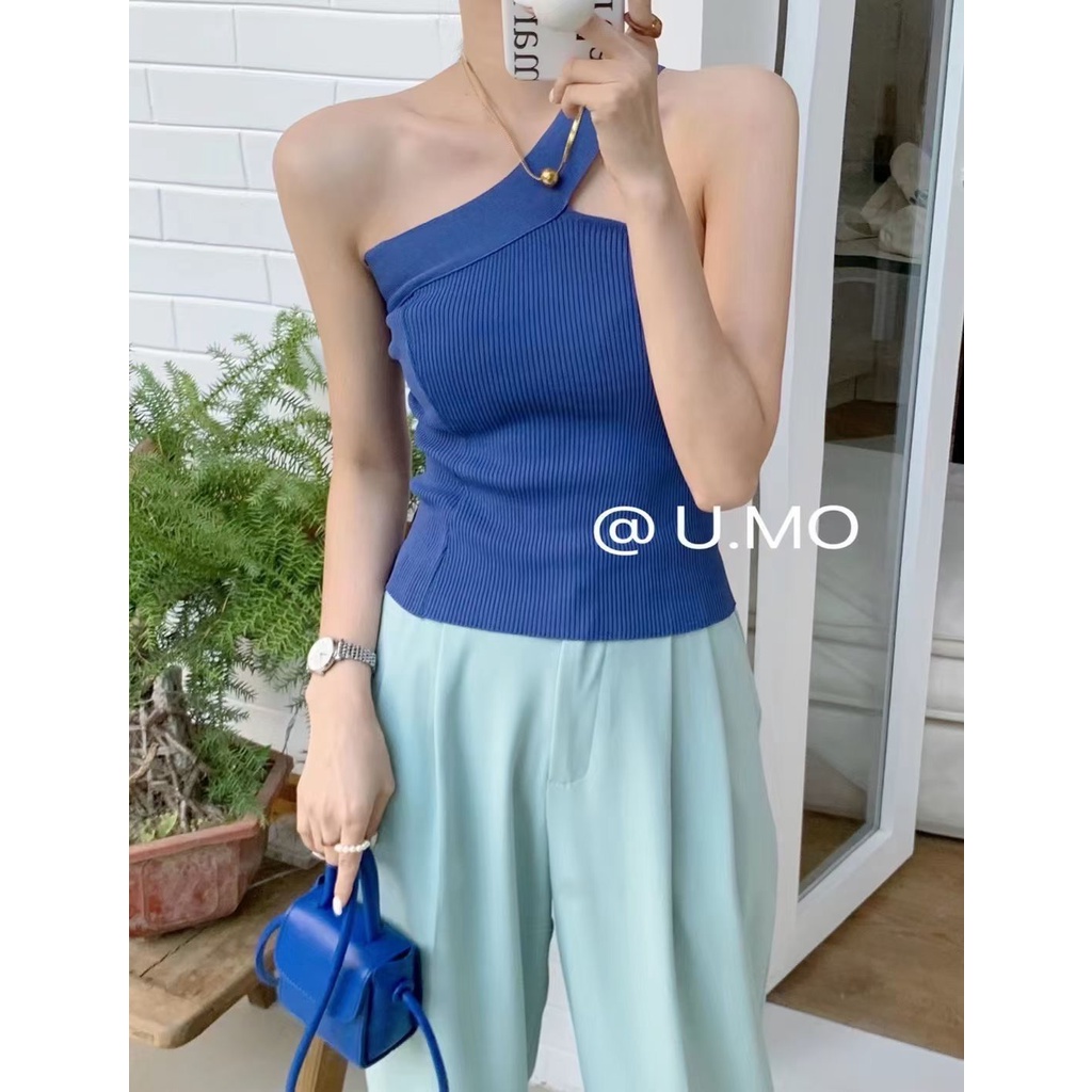 Áo mongtoghi khoét lệch vai dây chéo len tăm A-3001