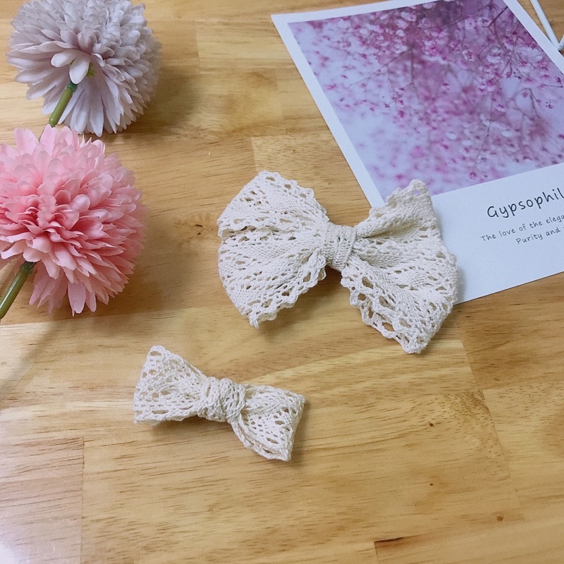 Set 2 kẹp nơ ren phong cách vintage tone kem nâu hồng