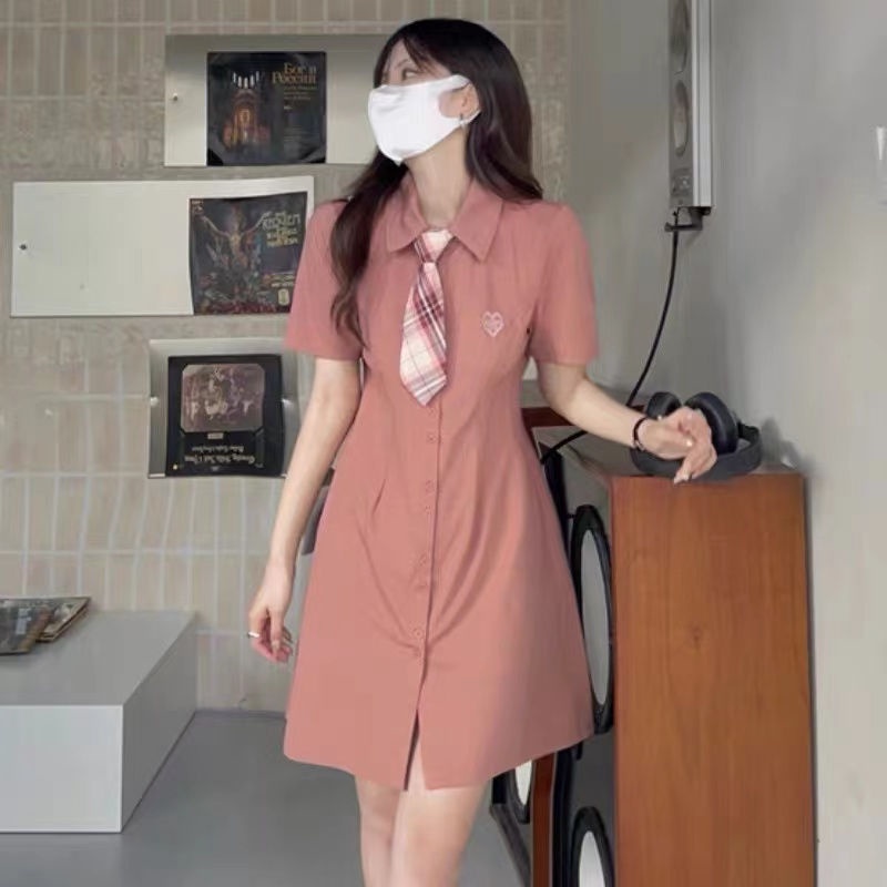 Đầm Chữ A Tay Ngắn Cổ Polo Màu Hồng Thời Trang Mùa Hè Cho Nữ