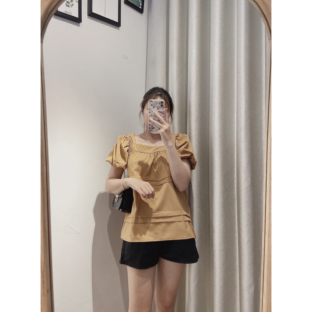 Áo Babydoll Cổ Vuông tầng [Freeship] Áo Cổ Vuông Tay Bồng 2 Màu Trắng - Nâu