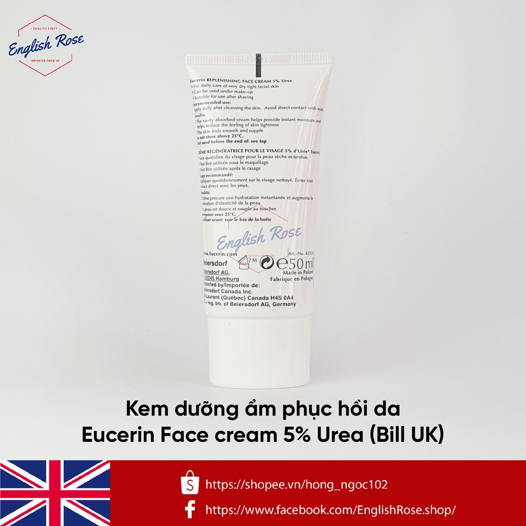 (Bill UK) Kem dưỡng ẩm phục hồi da Eucerin Dry Skin Relief Face Cream Urea Repair 5%