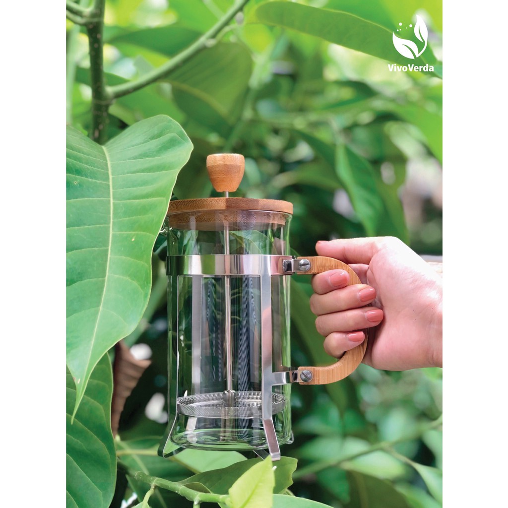 BÌNH PHA CAFE KIỂU PHÁP VỚI TAY CẦM VÀ NẮP BẰNG TRE 600ml/ ECO-FRIENDLY FRENCH COFFEE PRESS WITH BAMBOO LID AND HANDLE 6