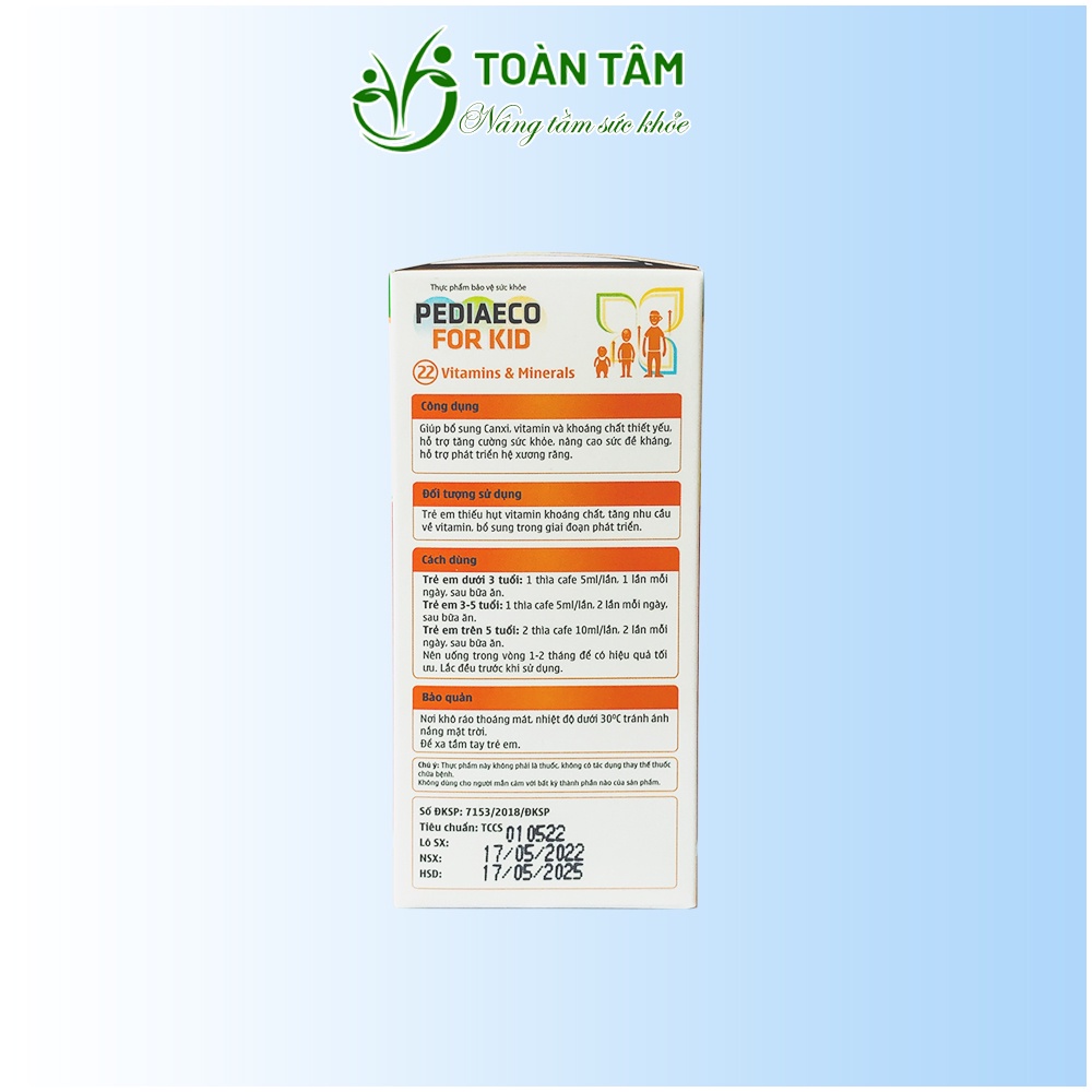 Siro bổ sung vitamin tổng hợp PEDIAECO FOR KID 22 vitamin & Minerals cho bé, tăng đề kháng Toàn Tâm