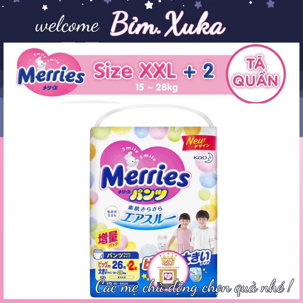 Tã/bỉm quần Merries size XXL - 26 + 2 miếng (Cho bé 15 - 28kg) Bỉm XuKa