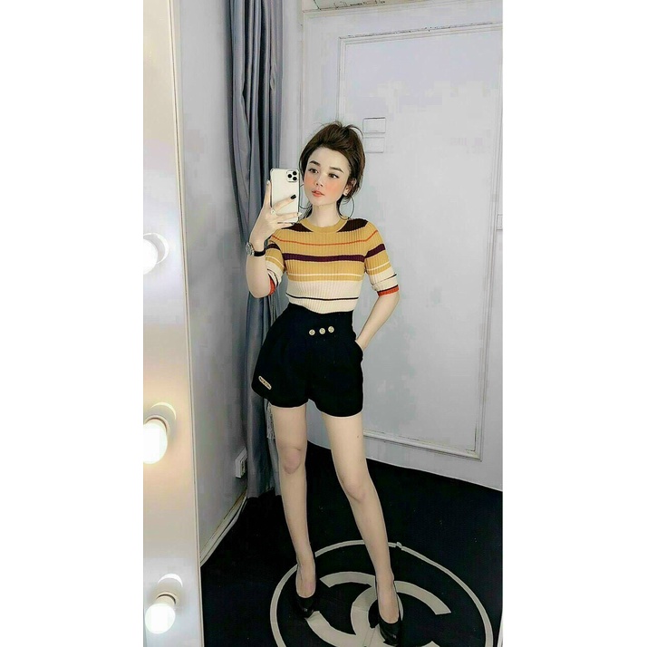 Áo len kẻ cổ tròn cộc tay