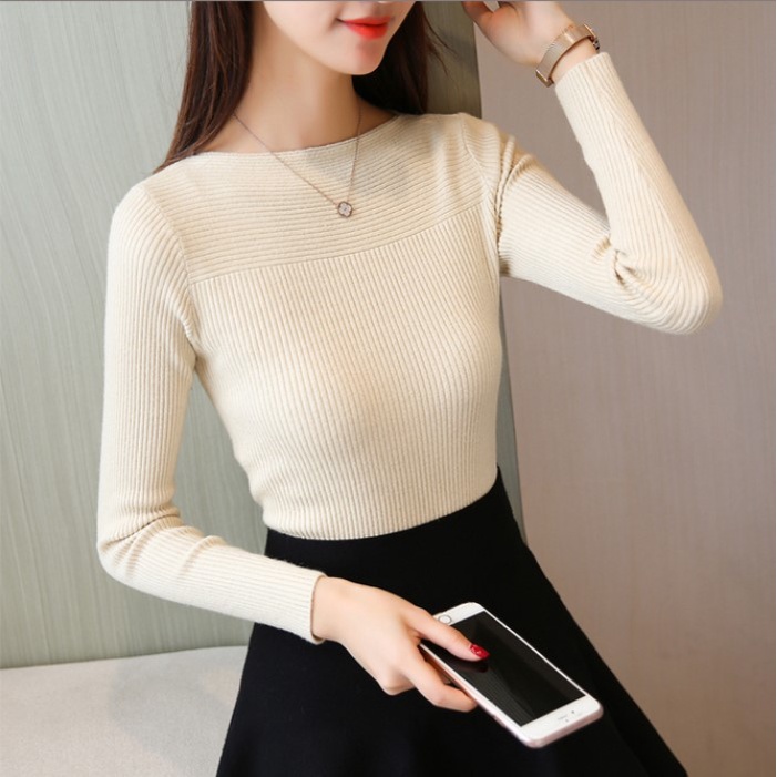 Áo Dệt Kim Cổ Chữ I Mẫu Mới Áo Mặc Trong Tôn Dáng Mẫu Ngắn Dễ Phối Nữ Áo Chui Đầu Bó Sát Có Ren Dài Tay