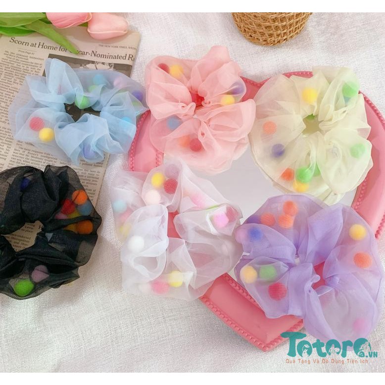 Thun buộc tóc Scrunchies trong suốt Hoa Cúc - Cầu Vồng - Hoa Sắc Màu - Hạt sắc màu Ánh kim Dâu Tây