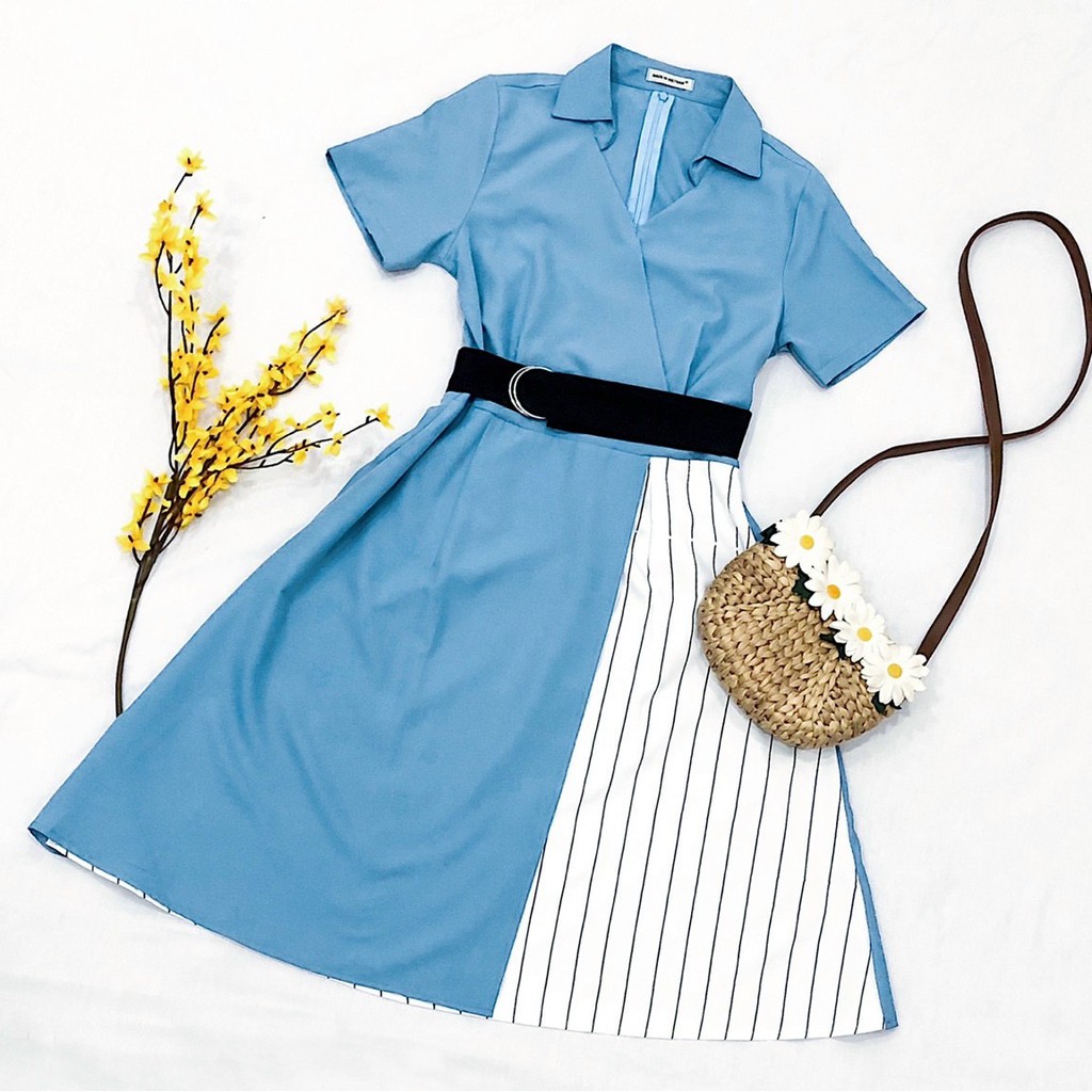 Đầm váy freesize xanh phối sọc