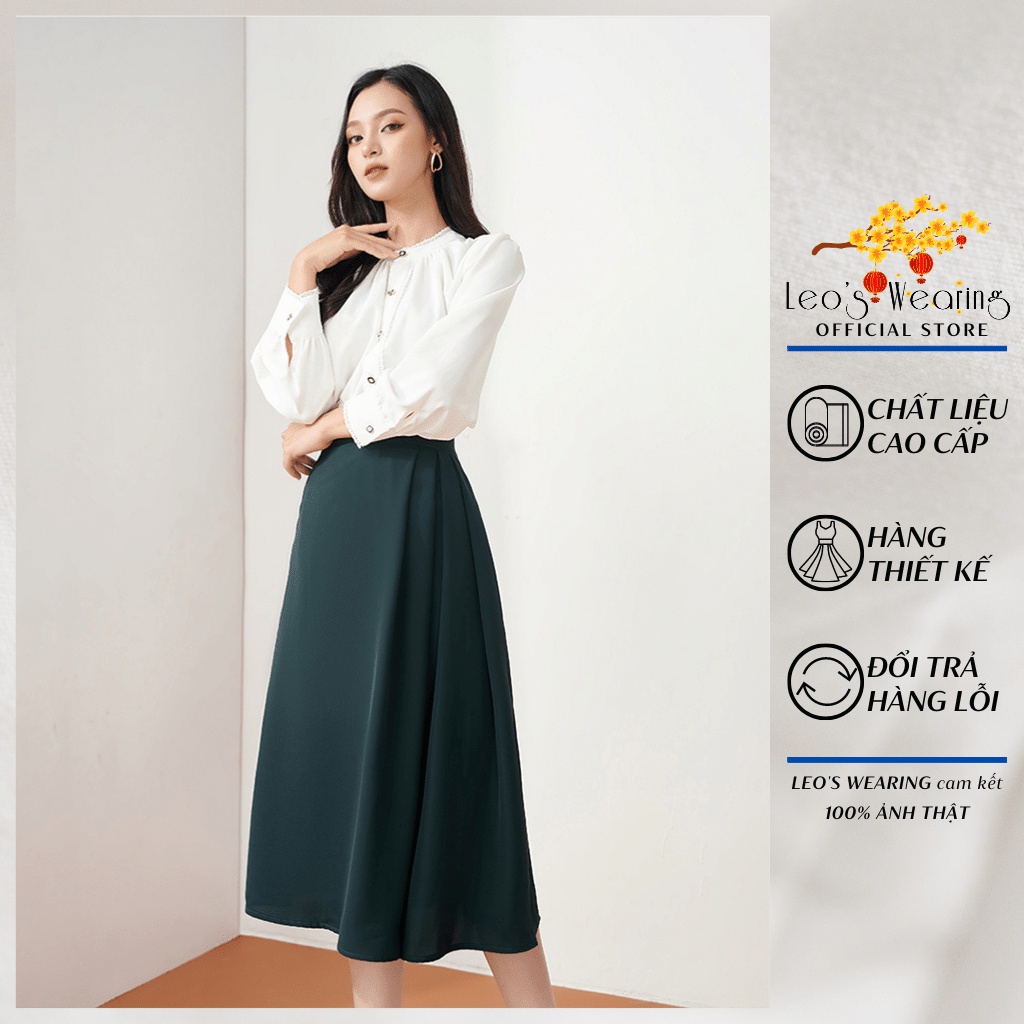 Váy công sở LEOSWEARING Set chân váy xếp ly chéo bản to mix áo sơ mi tay dài cổ trụ viền ren mặc văn phòng đi tiệc D76