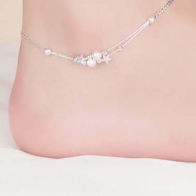 Lắc Chân Bạc 925 Thiết Kế Bi Tròn Ngôi Sao Đan Xen Hàn Quốc UMI JL050