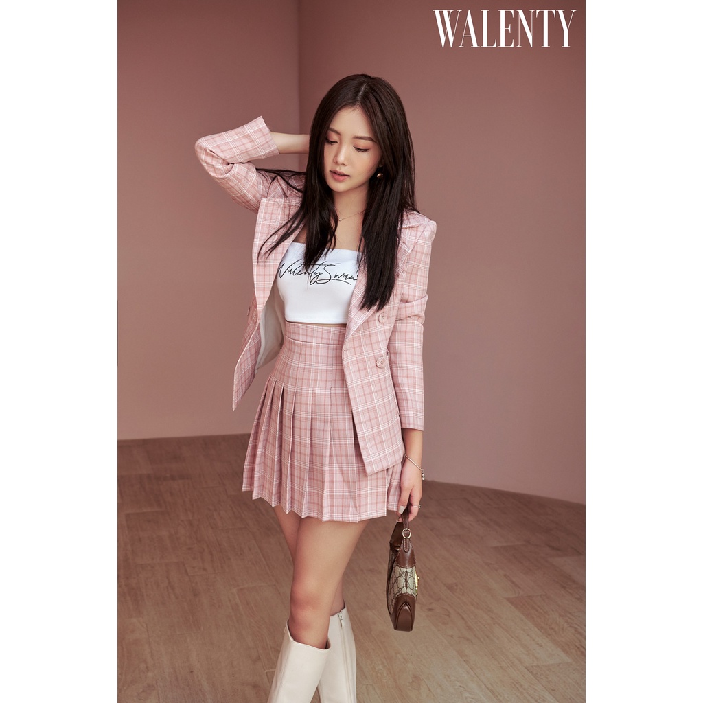 Set blazer và chân váy caro hồng pastel style nữ sinh - Cotton Candy Vest Set - Walenty