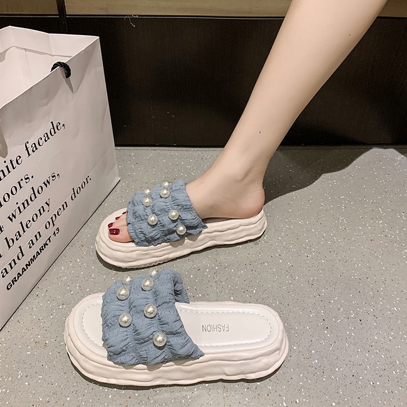 Hàng Có Sẵn ~ Dép Sandal Đế Dày Mềm Mại Đính Ngọc Trai Thời Trang Mùa Hè Bán Chạy Dành Cho Bạn Nữ Mang Ngoài Trời