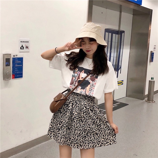 Set áo phông kèm chân váy xoè hoa nhí Ulzzang Hàng Quảng Châu