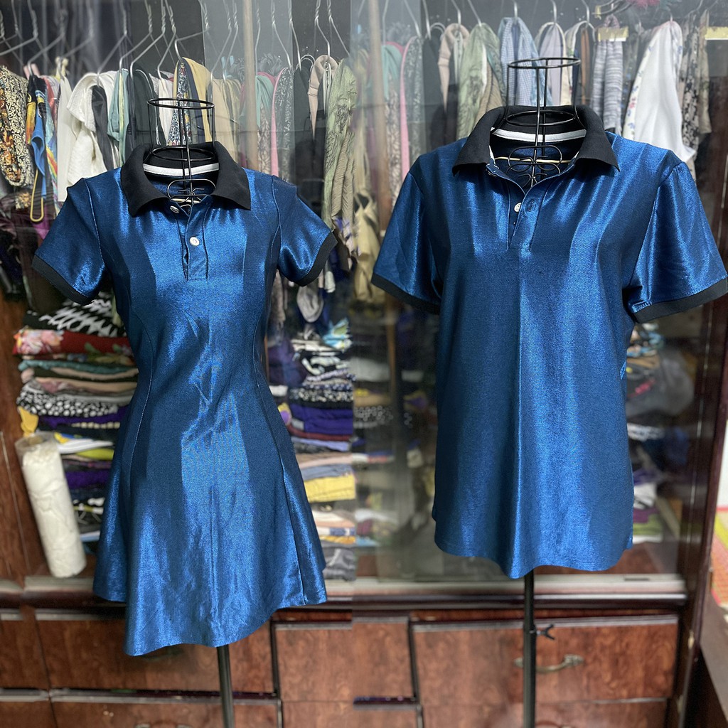 Đầm thun dáng xòe cổ trụ nữ và áo nam cổ trụ đôi