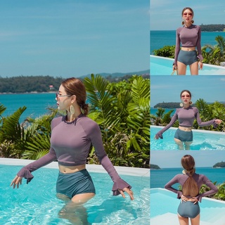 Đồ bơi nữ , bikini dài tay tím lưng lưới tay xoè