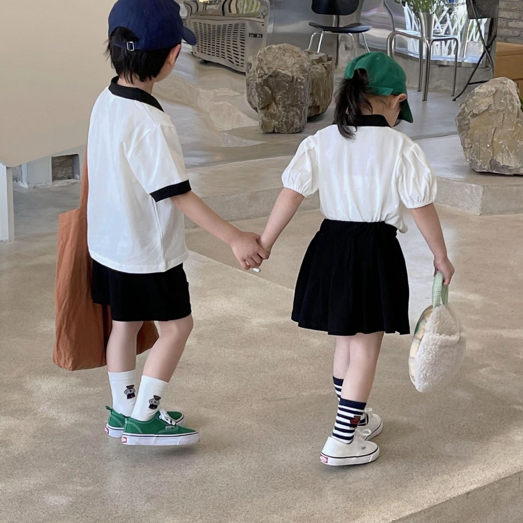 Đồng phục học sinh bé trai bé gái, sét áo polo kèm quần bé trai  bộ áo cổ bẻ gấu L.A cho bé trai, bé gái size 8-30kg