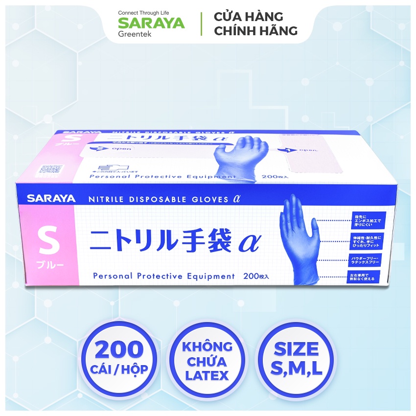 Găng Tay Cao Su Saraya Nitrile Alpha, Không Bột, Màu Xanh Tím, Dùng Trong Thực Phẩm, Vệ Sinh Y Tế - 200 Chiếc/Hộp