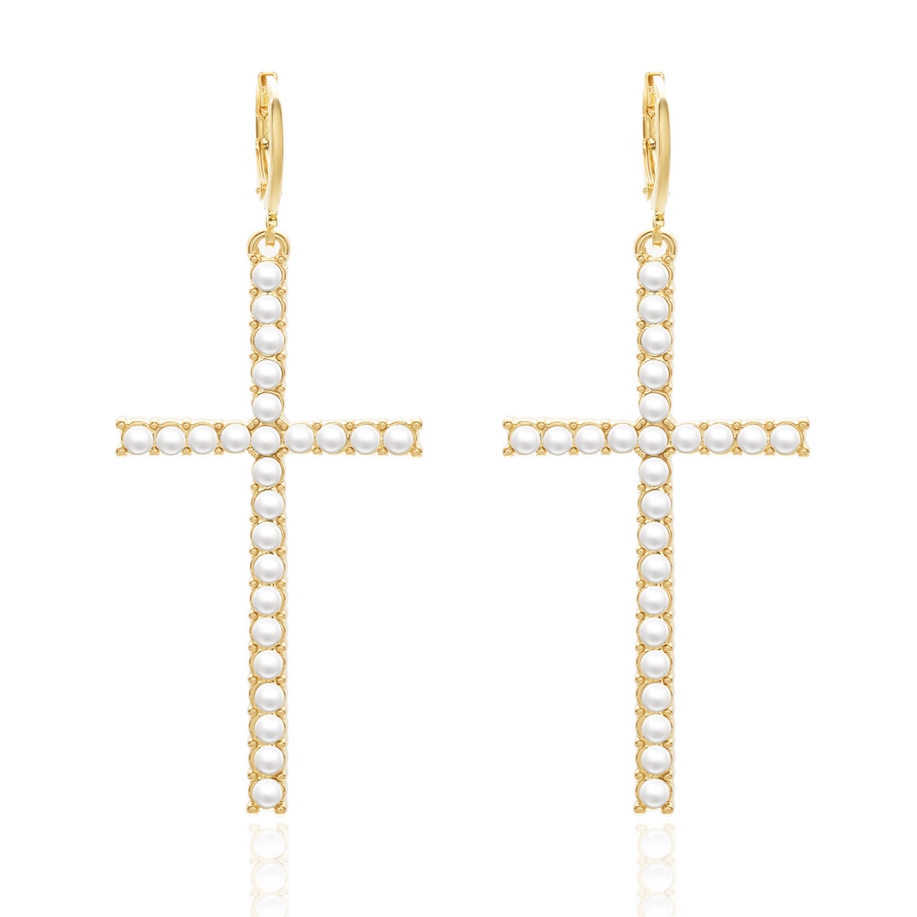 Đôi khuyên tai RINHOO FRIENDSHIP mặt hình thánh giá đính hạt ngọc trai nhân tạo thời trang cho nữ