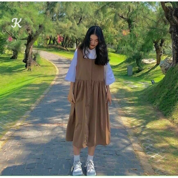 (Ưu Đãi FreeShip) Sét yếm nữ đi chơi,chiếc yếm tone nâu chanh sả cài nút trước mix áo sơ mi tay lỡ dễ thương