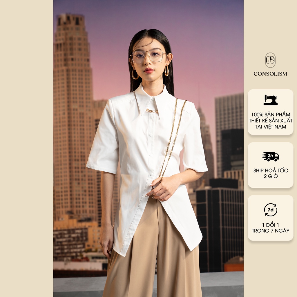 Áo sơ mi nữ CONSOLISM cộc tay thiết kế cách điệu vạt áo xòe Cooler SM006