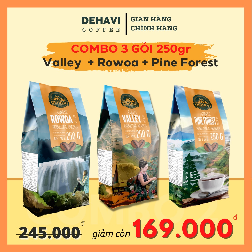 [Giảm giá] Combo 2 gồm 3 gói cà phê Rowoa, Valley, Pine Forest 250gra từ Dehavi giảm 30%