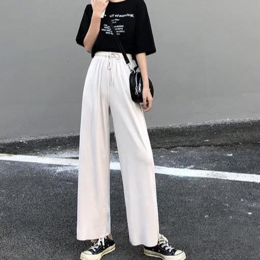 Quần ống rộng lưng cao vải lụa lạnh mỏng thời trang xuân hè dành cho nữ