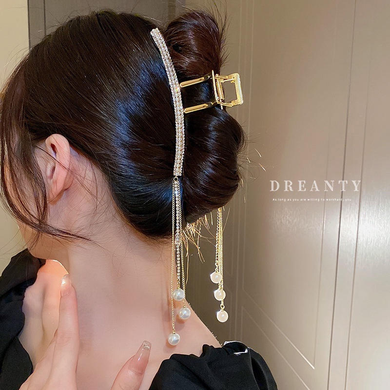 Kẹp Tóc Tua Rua Hình Học Đính Kim Cương Giả Bằng Kim Loại Cao Cấp