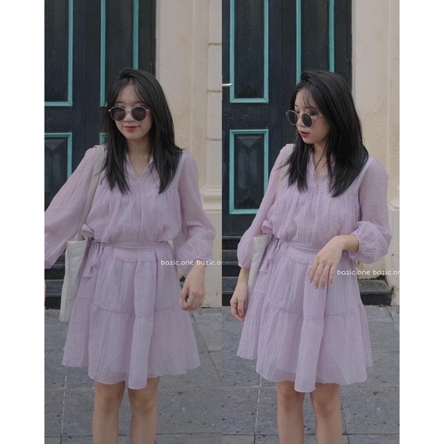Váy babydoll tơ tay dài bồng 2 lớp dáng ngắn trên gối, Váy babydoll xoè tơ ulzzang Bazic one