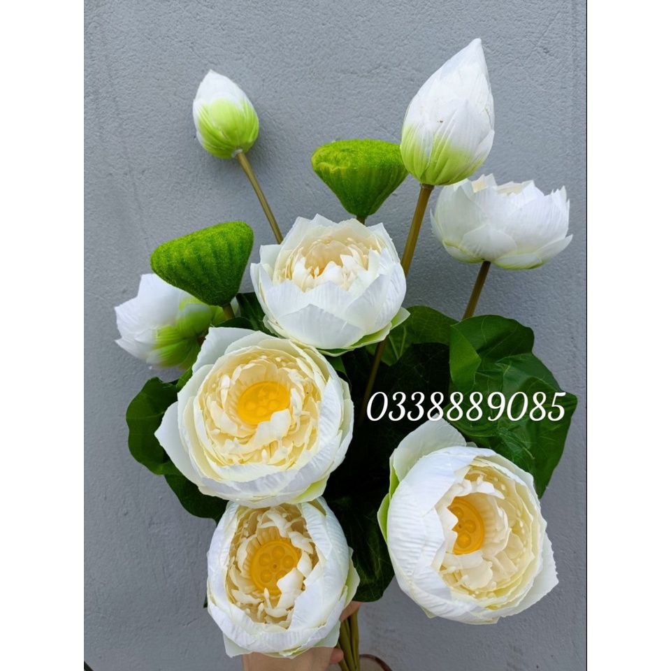 Hoa Giả - Cành sen Thái 3 bông, 1 nụ, 1 đài cao cấp trang trí - Ảnh thật + video