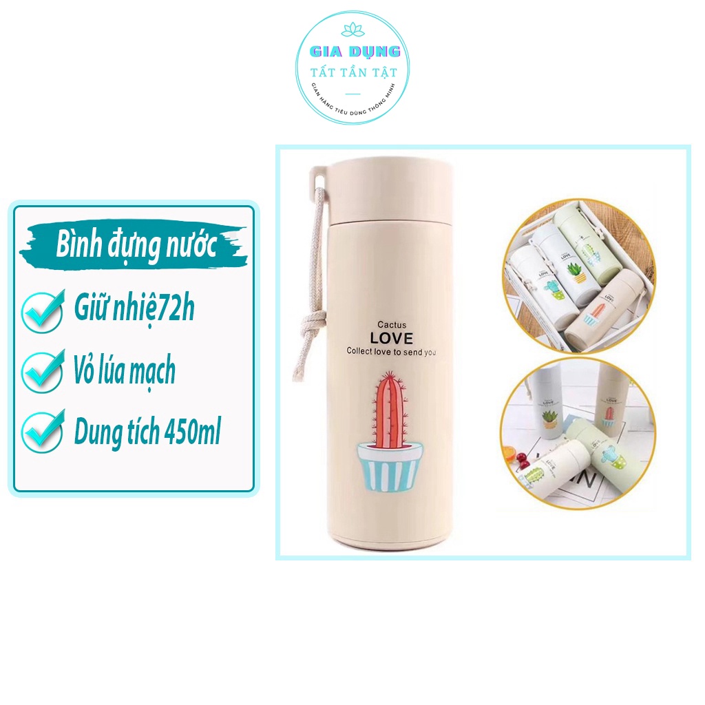 Bình Nước Giữ Nhiệt Nóng Lạnh Xương Rồng Dễ Thương, Lõi Thủy Tinh Dày Hàng Nhập Khẩu 450ml  Tiện Lợi