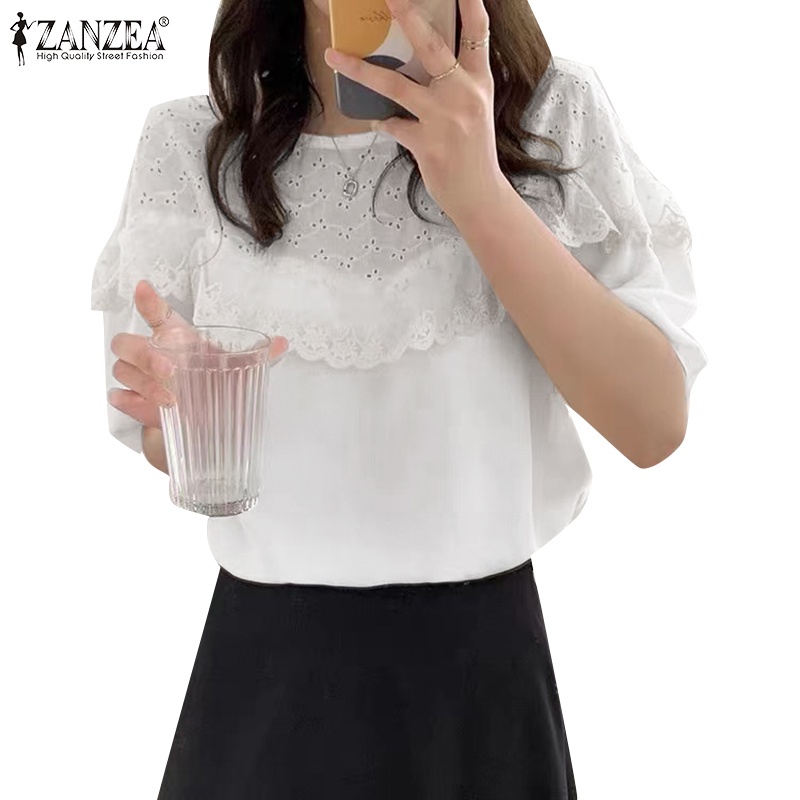 Zanzea Áo Nữ Tay Lửng Cổ Tròn Phối Ren Thời Trang