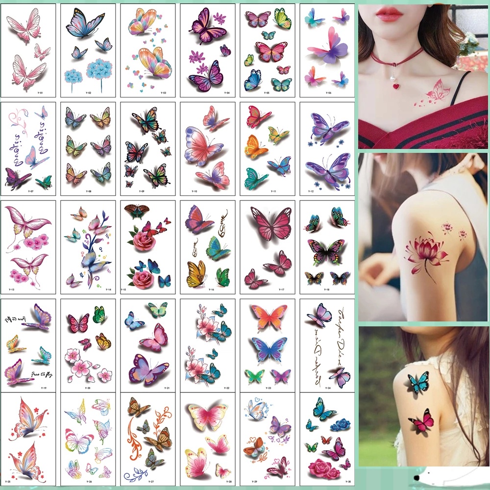 Set 3 tấm hình xăm dán tạm thời hình bướm chống nước