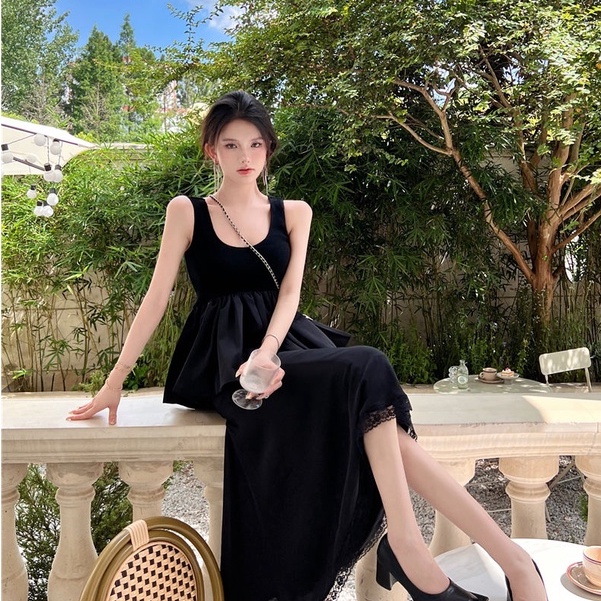 Set Áo Hai Dây Cổ Chữ V + Chân Váy Đuôi Cá Lưng Cao Phối Ren Màu Đen Phong Cách Hàn Quốc Thời Trang Mùa Hè Cho Nữ