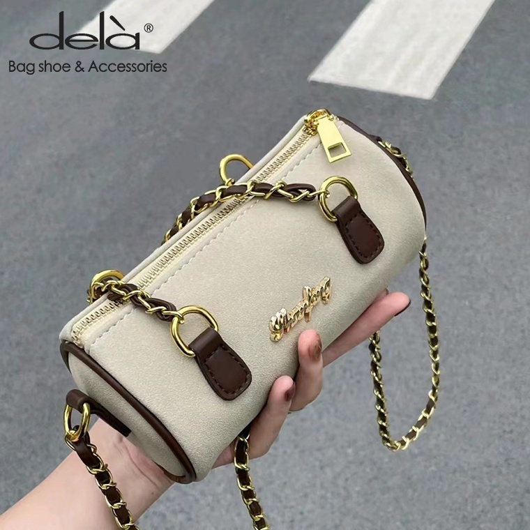 Dela Túi Xách Da Lộn Mềm Mại Phối Dây Xích Kim Cương Màu Be Phong Cách retro Cao Cấp Phù Hợp Với Nữ