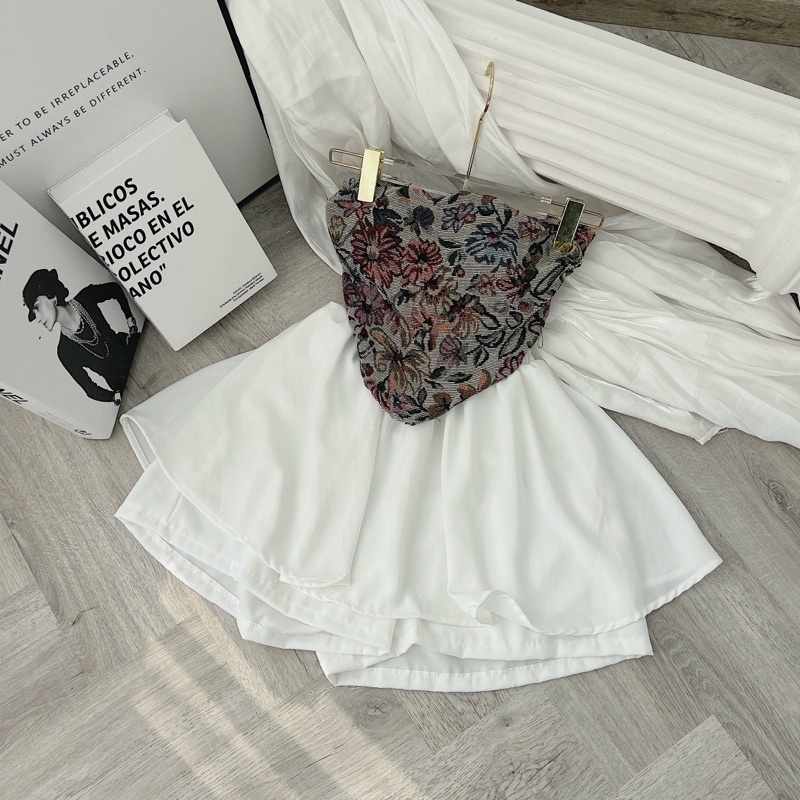 SET ÁO ỐNG YẾM GẤM HOA + SHORT TRẮNG XOÈ TẦNG