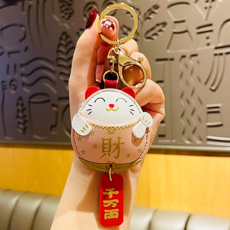 Móc Khóa Da Hình Chú Mèo May Mắn Đáng Yêu