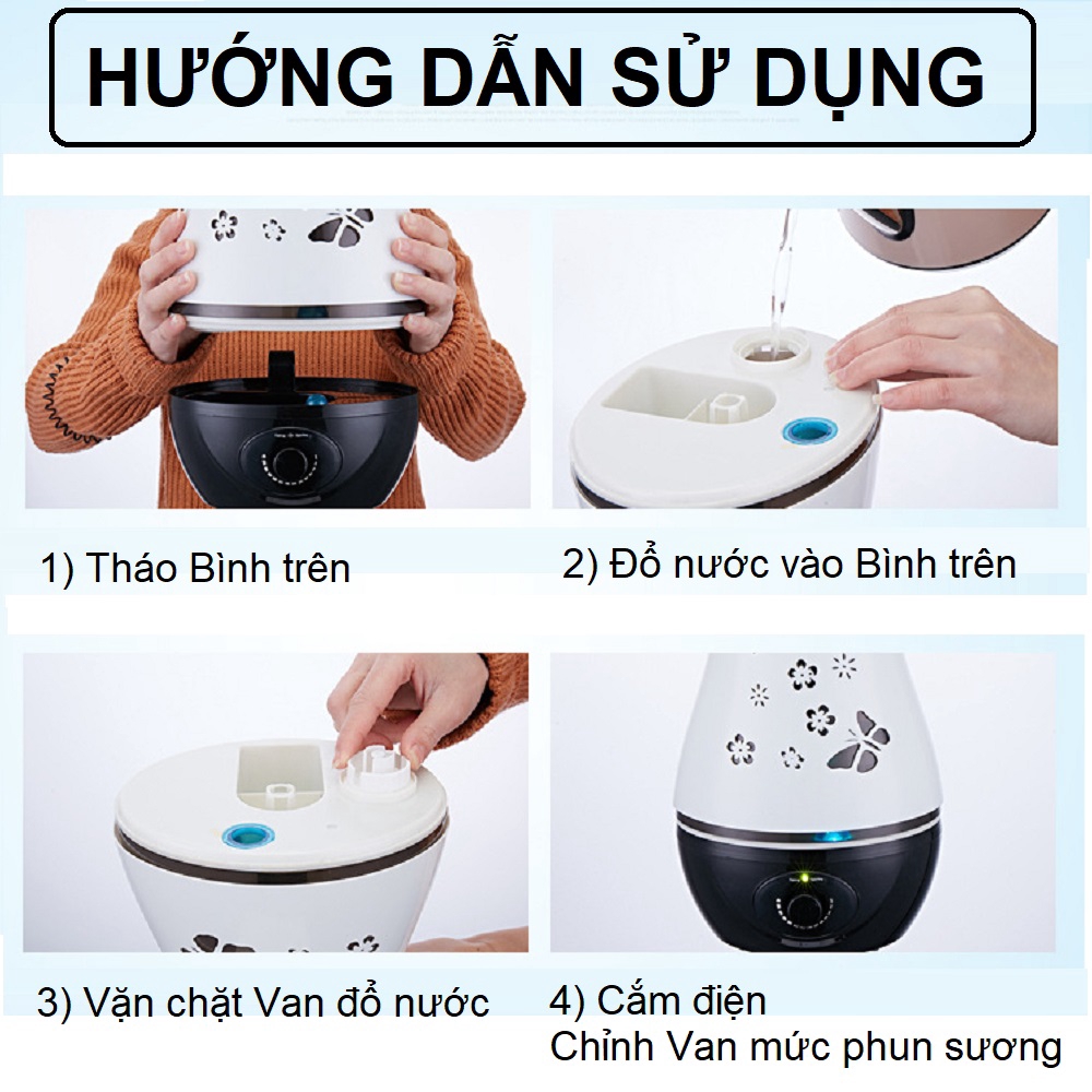 Máy tạo ẩm phun sương cỡ Lớn cho phòng &gt;20m2 sóng siêu âm không tỏa nhiệt thêm chức năng khuếch tán xông tinh dầu