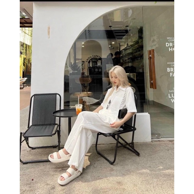 [HÀNG QUẢNG CHÂU LOẠI 1]Set Bộ Đồ Nữ Áo Sơ Mi Đũi Gân Ngắn Tay Mix Quần Culottes Ống Rộng Cạp Chun Freesize Form Rộng