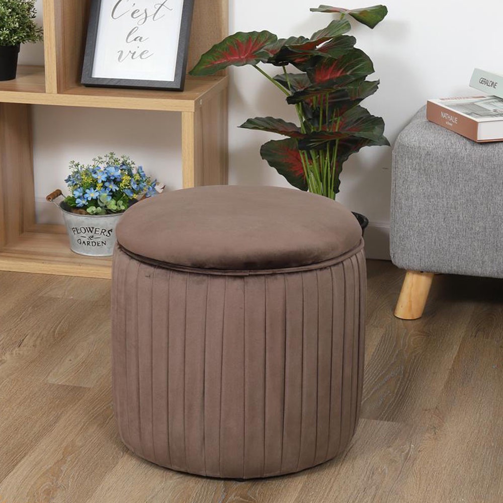 HomeBase FURDINI Ghế đôn tròn bằng gỗ bọc vải cao cấp có đệm lót mousse Thái Lan W42xH42xD40cm màu nâu đậm
