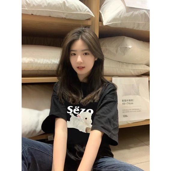 Áo thun SELVZE vải cotton tay ngắn dáng rộng in hình thời trang Âu Mỹ cho nữ