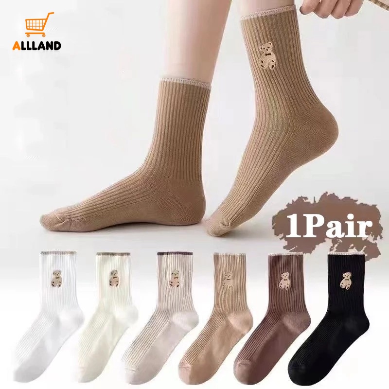1 Đôi Tất Ống Rộng Thêu Hình Gấu Màu Sắc Dễ Phối Đồ Phong Cách Hàn Quốc Cho Nữ