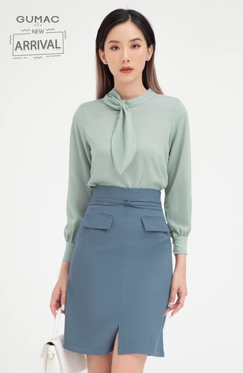 [Mã WABRGU giảm 50k đơn từ 0đ] Áo sơ mi nữ cổ phối nơ GUMAC thiết kế công sở, thanh lịch màu xanh đủ size AB454 | BigBuy360 - bigbuy360.vn